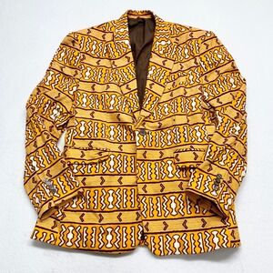 Unbranded Custom Africa Suit Jacket Mens Sz L Yellow Tribal Blazer Cotton Print